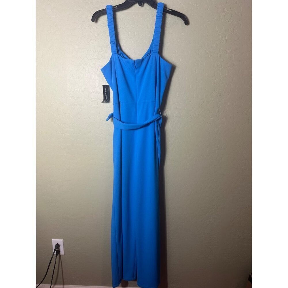 Donna Morgan Sleeveless Wide Leg Pant, Belt, Pockets Blue Jumpsuit SZ 14 - Picture 3 of 5